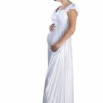 beautiful pregnant bride wearing wedding dress isolated on white background